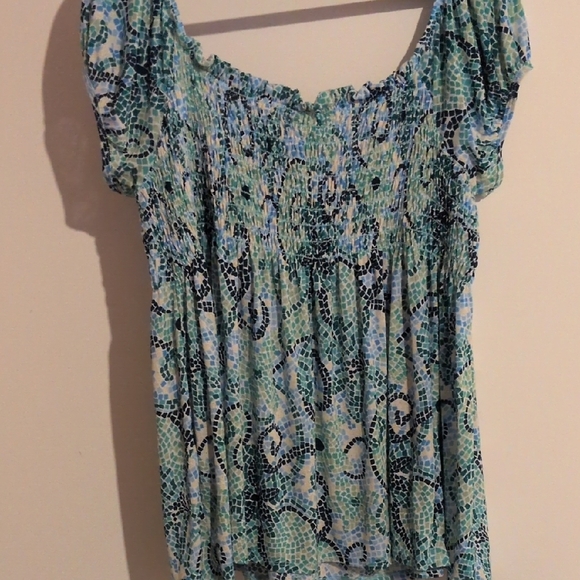 Venezia Green and Blue Smocked Cap Sleeve Blouse - Picture 5 of 5